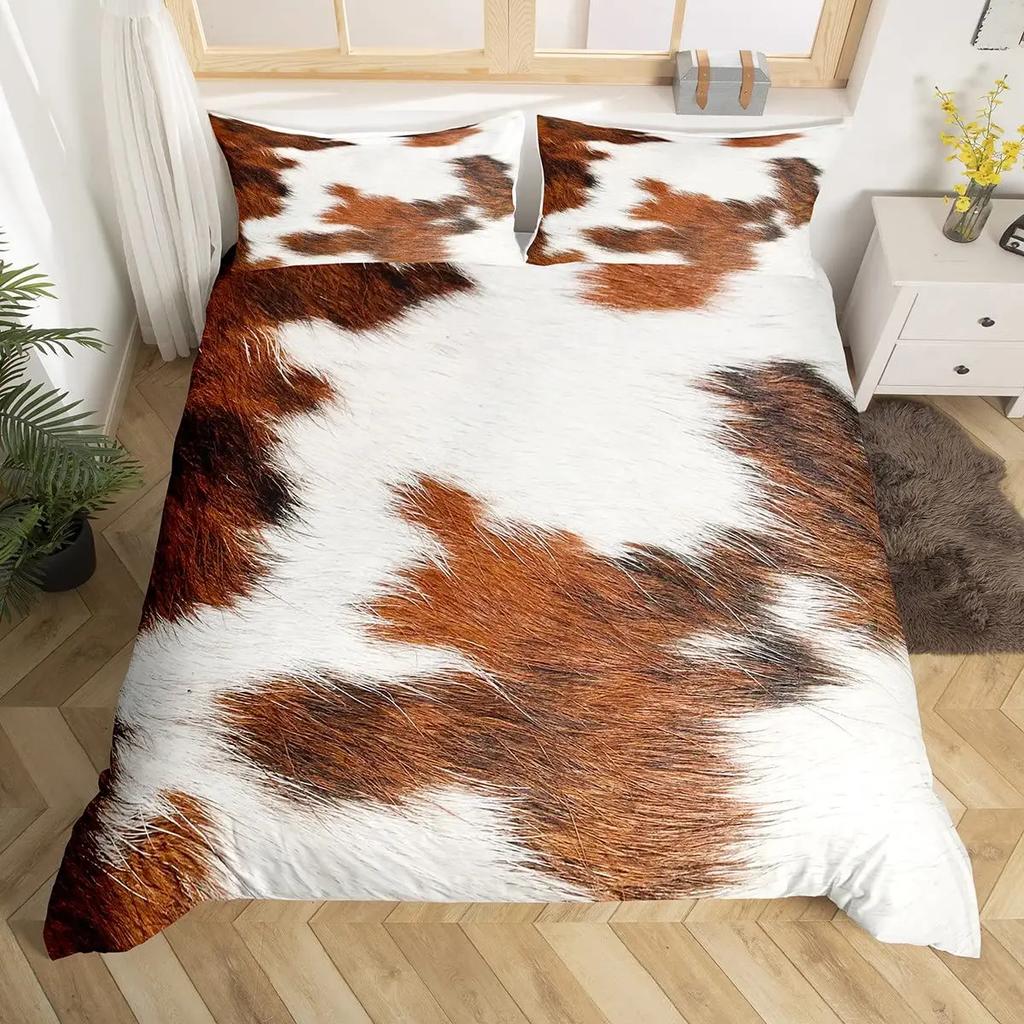 Súprava posteľnej bielizne z hovädzej kože Patchwork s potlačou kravskej kože Prikrývka s potlačou farmárskych zvierat Poťah na paplón Western Cowboy Farmhouse Polyesterový poťah na prešívanú prikrývku