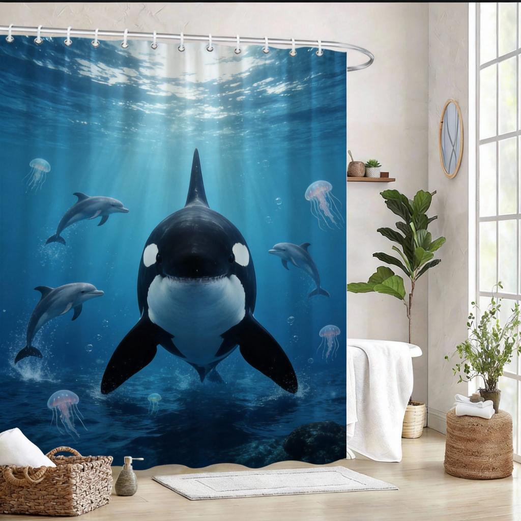 Shark Shower Curtain 180X180Cm – Realistic Great White Underwater Scene, Ocean Lover Bathroom Decor Gift, 12 Hooks