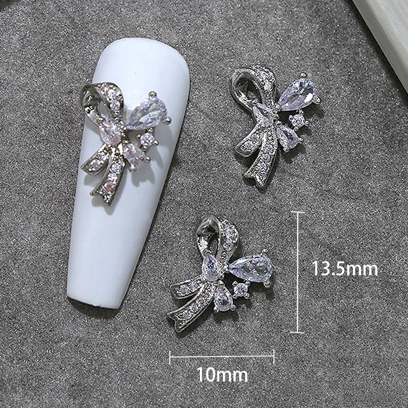 Silver Bow Zircon Nail Accessories Shiny Diamond Acc Press-On Nails Decoration