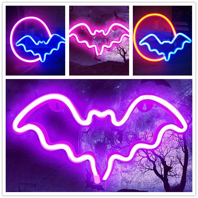 Halloween Decoration Lamp LED Moon Bat Neon Lamp Festival Neon Light For Bedroom Party Wall Home Hanging Decor Adult Kid Gift