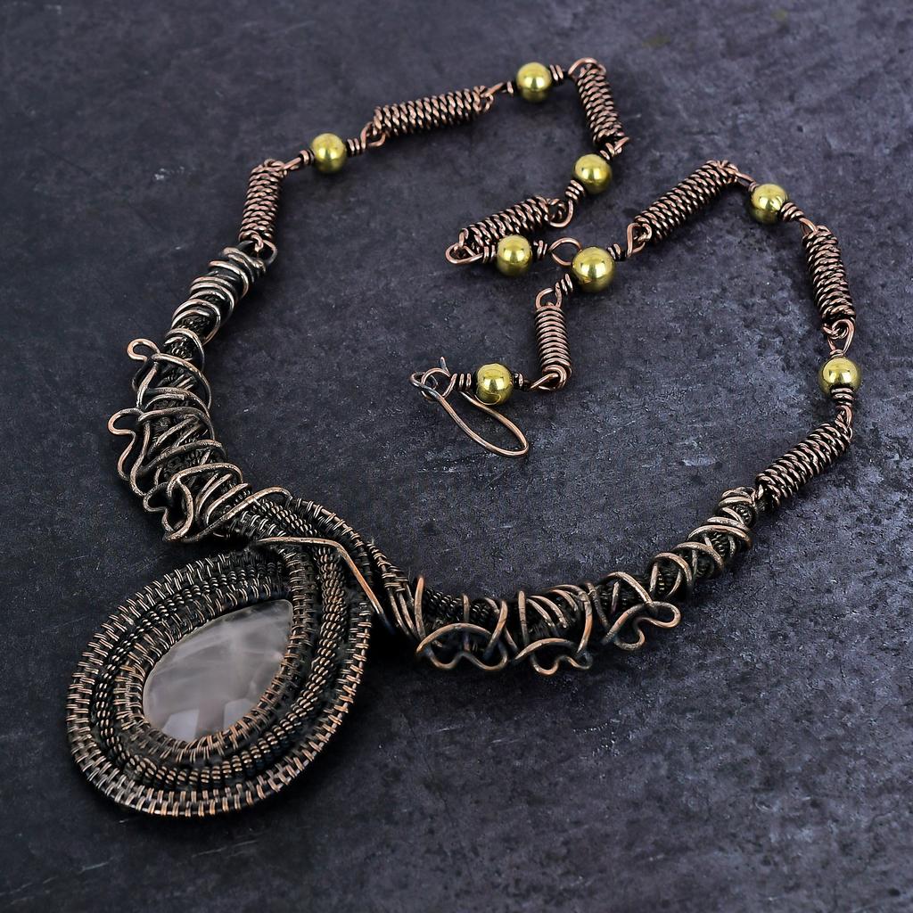 Rose Quartz Gemstone Handmade Copper Wire Wrap Jewelry Necklace 18" B0d34
