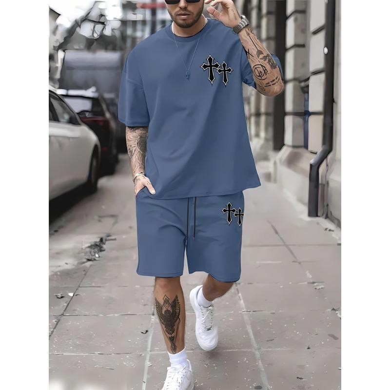 Nuevo conjunto de dos piezas de verano para hombre conjunto de camiseta y pantalones cortos para hombre camiseta de cuello redondo suelta informal
