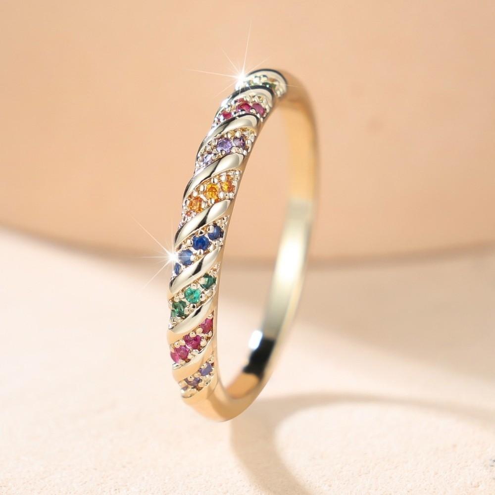 Multicolor Zircon Twisted Rings Gold Color Minimalist Rings Simple Round Stone Rings Women