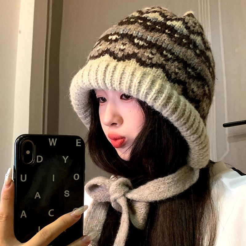 Korean Style Red Balaclava Hat for Women Autumn and Winter Large Head Circumference Woolen Hat Warm Ear Protection Strap Knitted Hat
