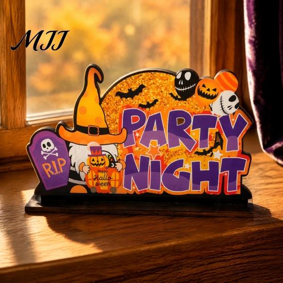 Durable Color Printing Wood Decor Halloween Tabletop Signs, Pumpkin Ghost Gnome Centerpiece Blocks, Spooky Decorative Signs for Tables Party