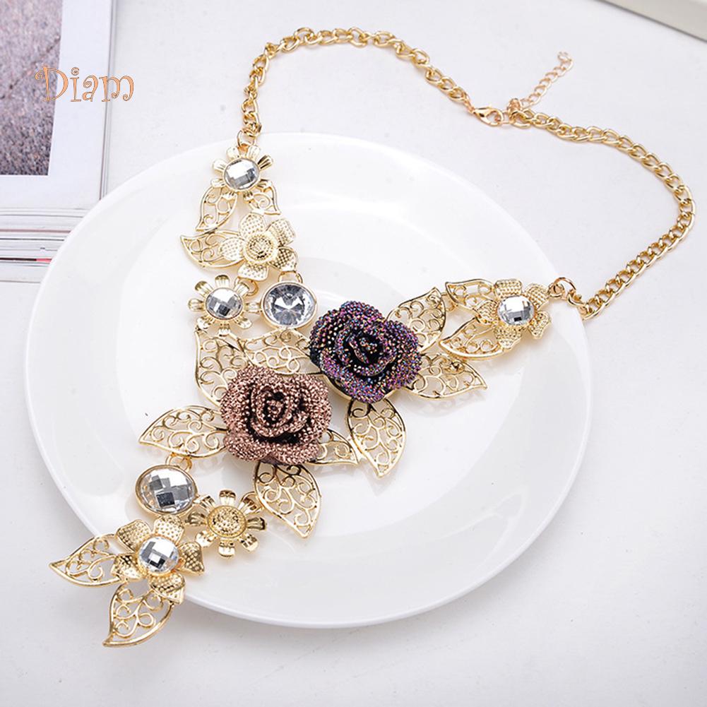 Bijoux diamantés pour femmes, ensemble de boucles d'oreilles et collier en pierre de cristal incrustée de feuilles creuses et de fleurs