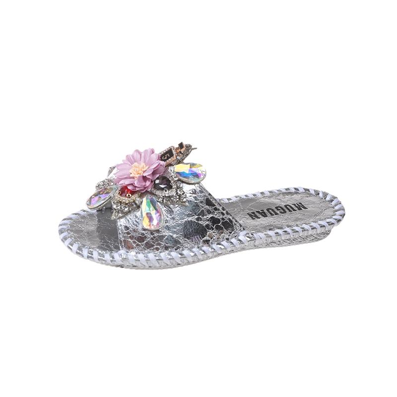 Aphixta Diamond Flower Decoration Flat With Slippers Casual Women Sweet Mulers Outside Summer Sandals Shoe Sewing Slide
