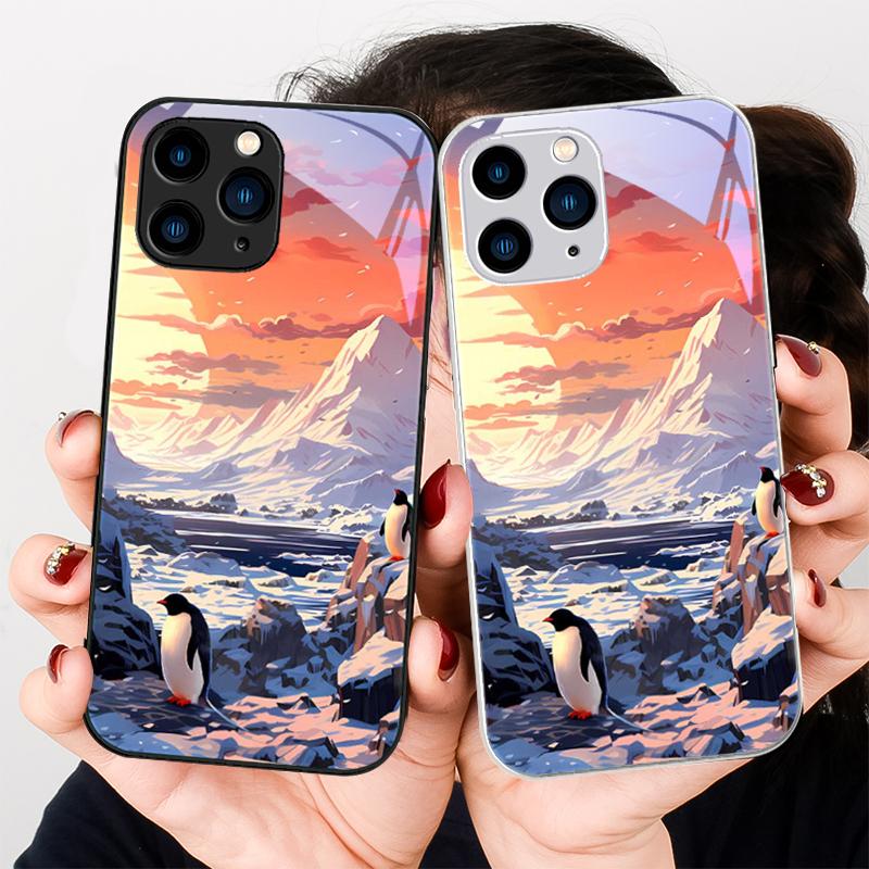 Sonnenschein Pinguin Gold Lila Für Iphone 16 Plus 15 14 13 12 Mini 11 Pro Max X XS XR 7 8 Plus 2022 Gehärtetes Glas Handyhülle