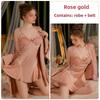 Comfortable Satin Yarn See-through Deep V Plus Chest Pad Nightdress Robe Loungewear Set