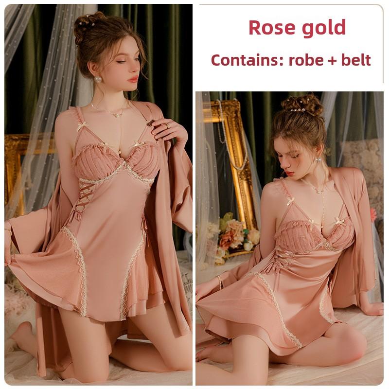 Comfortable Satin Yarn See-through Deep V Plus Chest Pad Nightdress Robe Loungewear Set