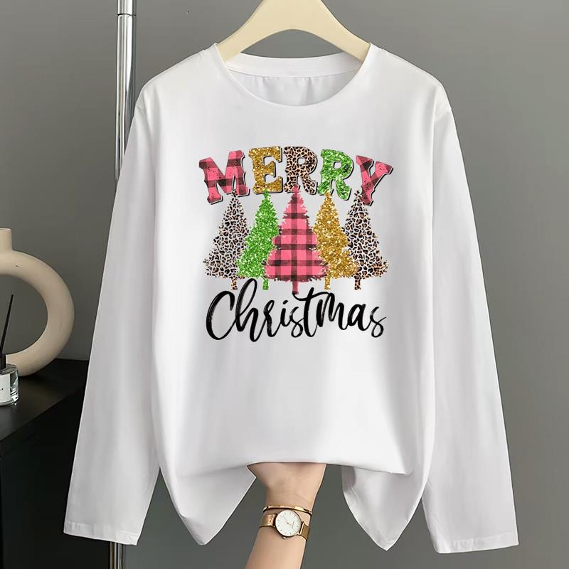(Asian Size) leopard tree cute Print T Shirt Christmas holiday Graphic Tee Women autumn winter Casual Fashion Top Clothing Long Sleeve T-shirts