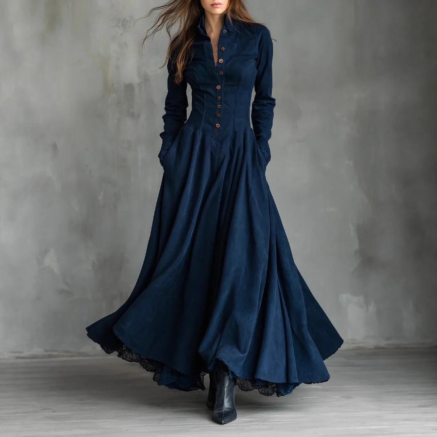 French Vintage Style Faux Suede Lace Trim Patchwork Shirt Dress