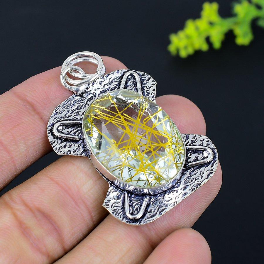 Natürlicher goldener Rutil-Edelstein, 925er Sterling-Silber, Geschenkanhänger, 5,5 cm, R1W45
