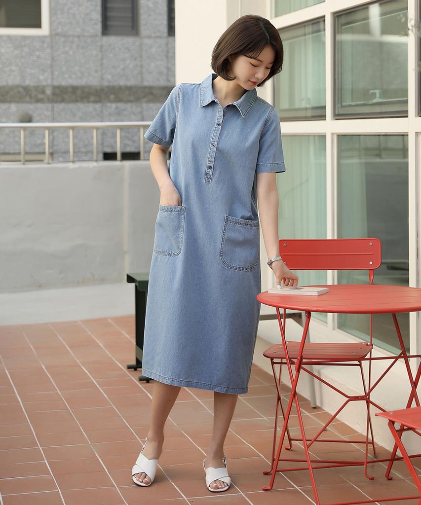Ppaeppae Collared Neck Pocket Short Sleeve Shirt Denim Long Dress