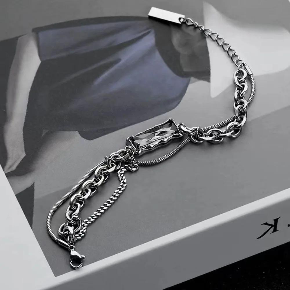 Hip-hop Trendy Stainless Steel Geometric Black Zircon Couple Bracelets for Women Men Personality Punk Jewelry Accessories Gifts