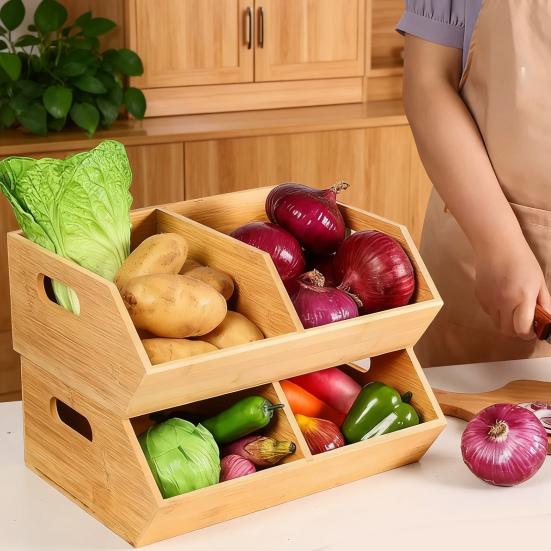 Kitchen Bamboo Storage Bin Potato And Onion Storage Box with Handles Stackable Kitchen Organizer for Countertop Pantry Fruit Vegetable Snacks