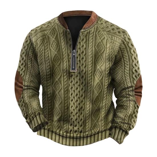 Fall Winter Men Sweatshirt Half Zipper Rhombus Texture Patchwork Round Neck Pullover Long Sleeves Daily Outdoor Sports Top