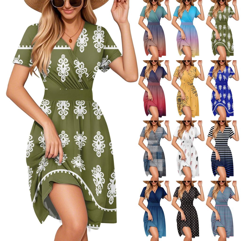 Women's Dress Is Elegant And Casual, Featuring A Colorful Printed V-neck Short-sleeved Dress