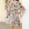 Women Summer Spring Short Sleeve Flower Print V-neck Casual A-Line Knee-Length Dress