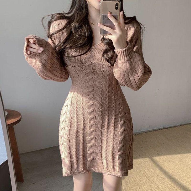 Autumn Winter Knit Knitted Sweater Dress Women Vintage Casual Solid Slim Wrap Long Sleeve Mini Short Dresses Party