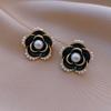 Elegant Black Rose Camellia Pearl Stud Earrings – Fashionable Fairy-Style Ear Ornaments for Women