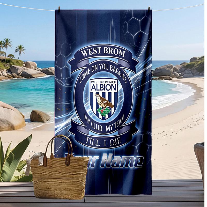 West Bromwich Albion FC Serviette de Plage Imprimée Personnalisée Logo de Football Soutien Nom Personnalisé Texte Serviette Absorbante Pour Sport Voyage Cadeau Spécial
