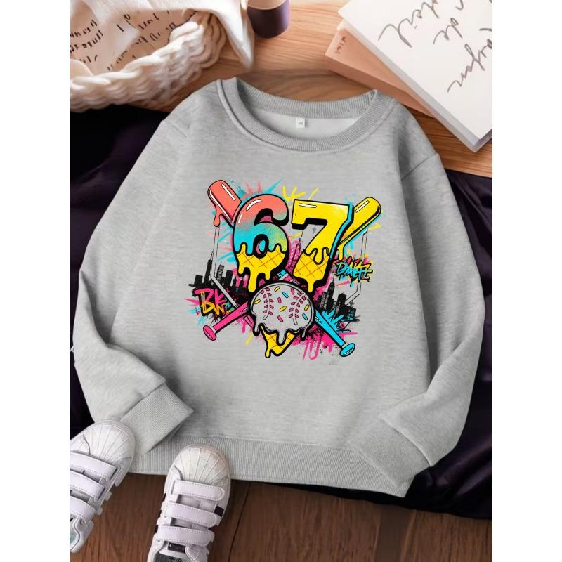 Unisex Kids Crewneck Sweatshirt For Over 4 Years Old Boys Girls Graffiti Ice Cream Donut Baseball Bat City Number 67 Print  Pullover For 4-12 Kids