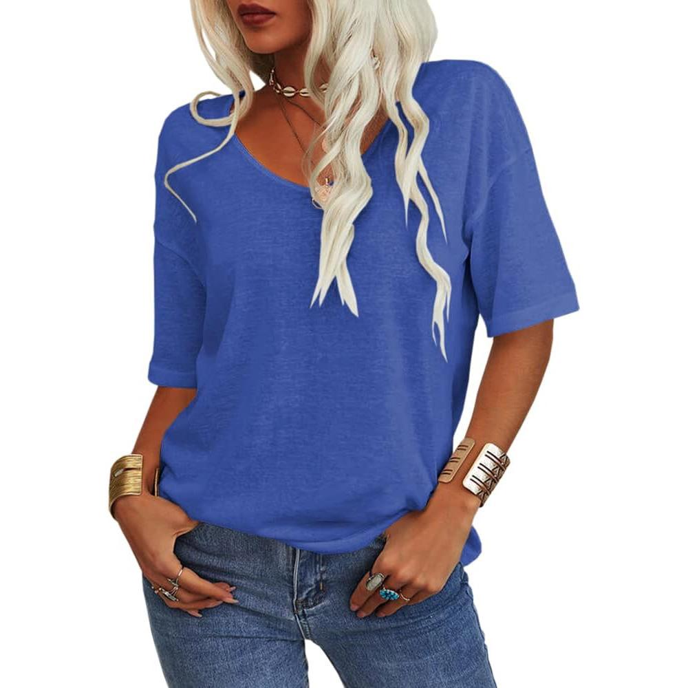Women's V Neck Short Sleeve Loose Fit T-Shirt Casual Solid Color Basic Tee Top