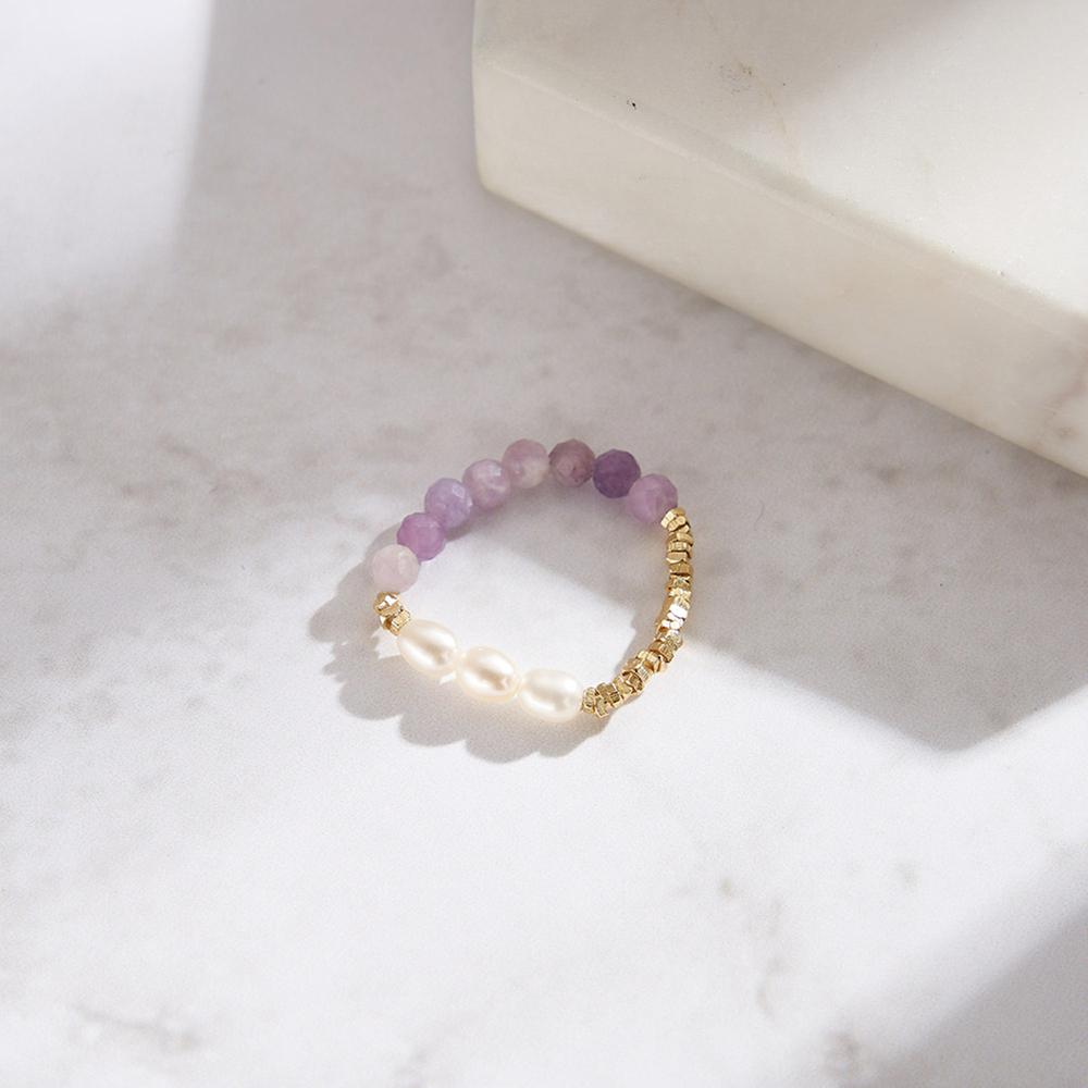 Mlluki MPR03 Trendy Summer Exquisite Fresh Water Pearl Natural Stone Minimalist Purple Mica Beaded Broken Silver Ring