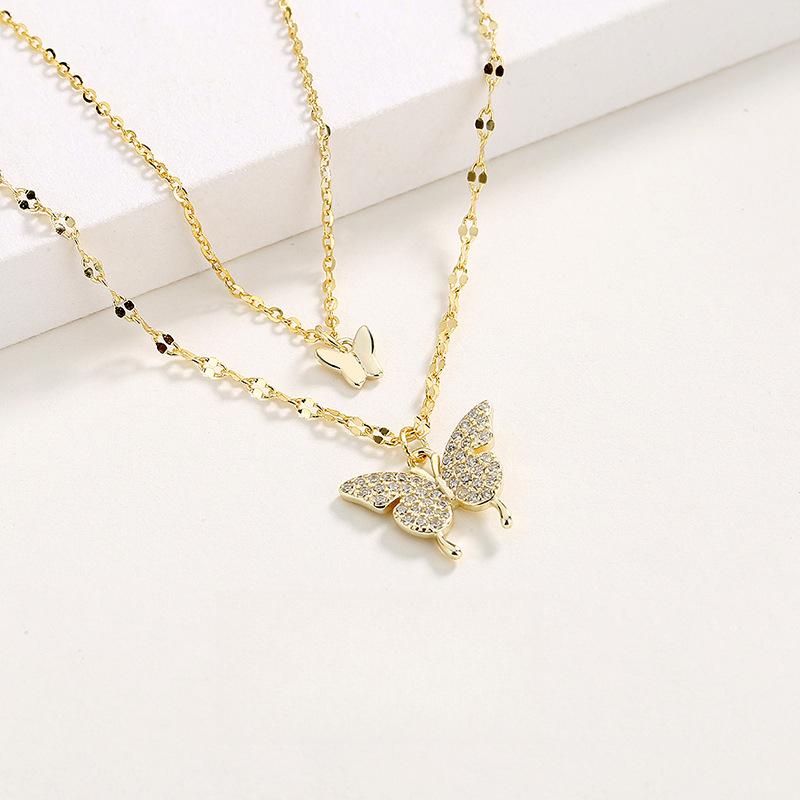 Sweet Niche Double-Layer Butterfly Necklace Japanese And Korean Temperament Light Luxury High-End Super Fairy Collarbone Chain Pendant