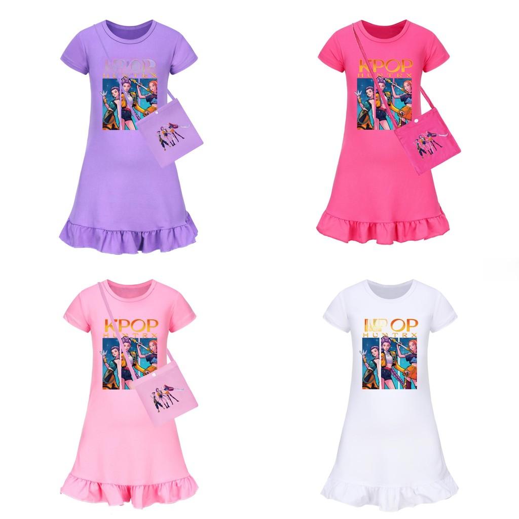 Kpop Demon Hunters Girl Short Sleeve Sleep Dress With Ruffled Hem For Ki Comfort