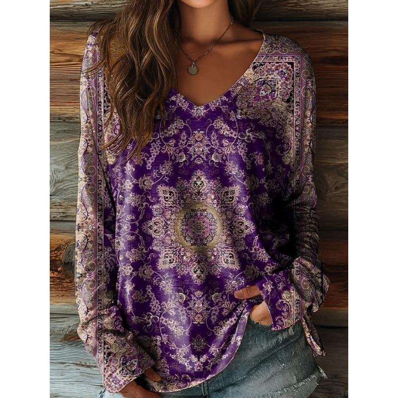 Women's Casual T-shirt 3D Printed Ethnic Style Vintage Prints Round Neck Retro Elegant Long Sleeves Women's Fashion Pullover Long Sleeve Tops