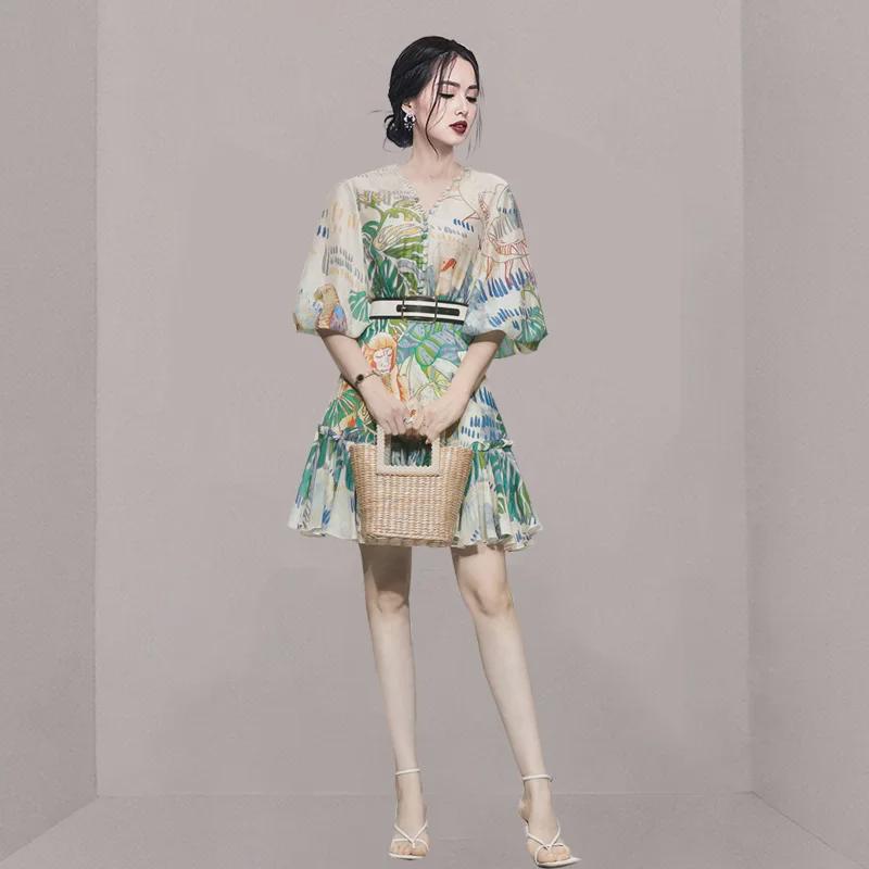 Elegant 2024 Retro Lantern Sleeve Print Dress for Women