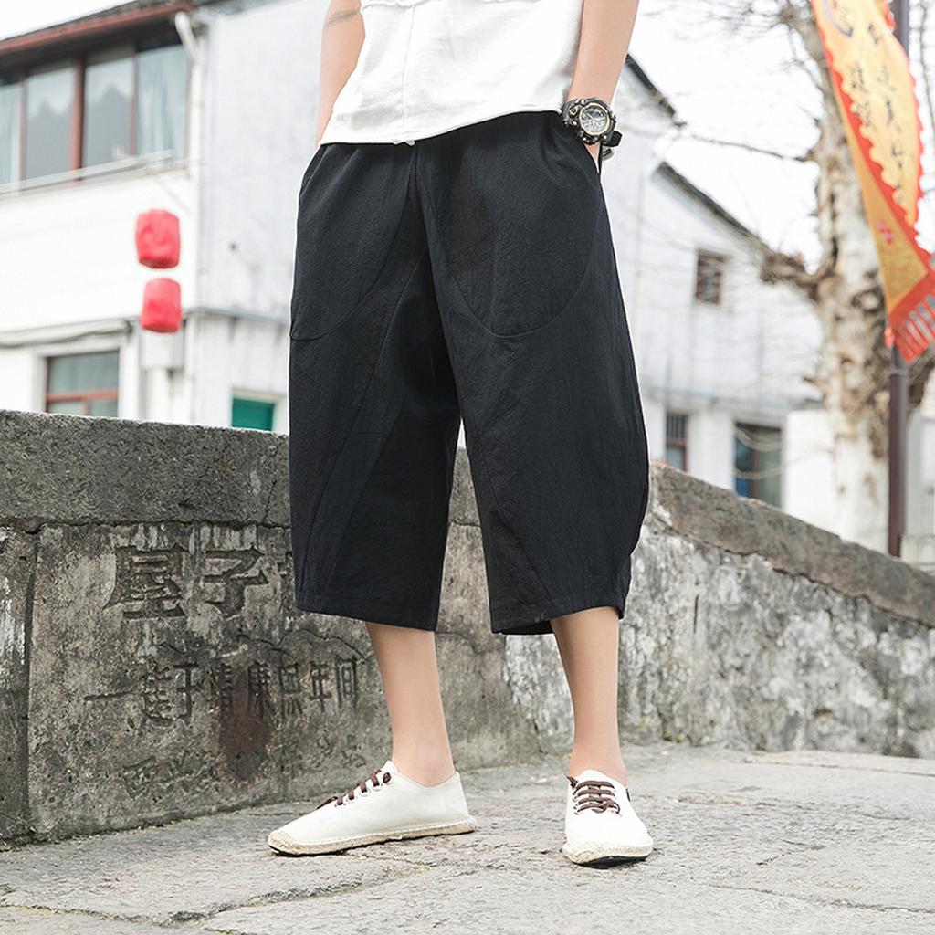 Men's Lazy Loose Cotton Hemp Harlan Pants Elastic Waist Drawstring Casual Pants