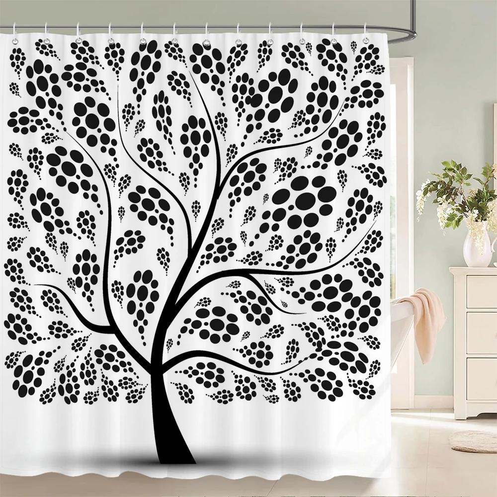 Rideau de douche feuilles plante impression noir et blanc, Tissu texture arbre art simple imperméable Décoration salle de bain Rideau