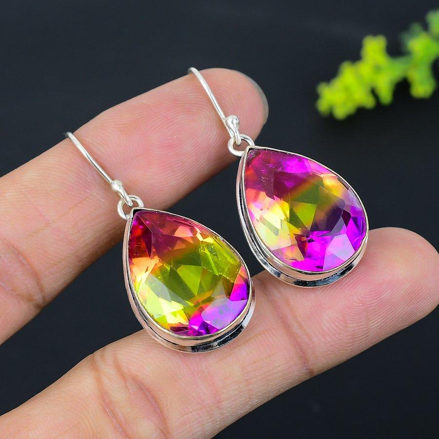 Zweifarbiger Turmalin-Edelstein, 925er Sterlingsilber, Geschenkschmuck, Ohrring, 4,5 cm