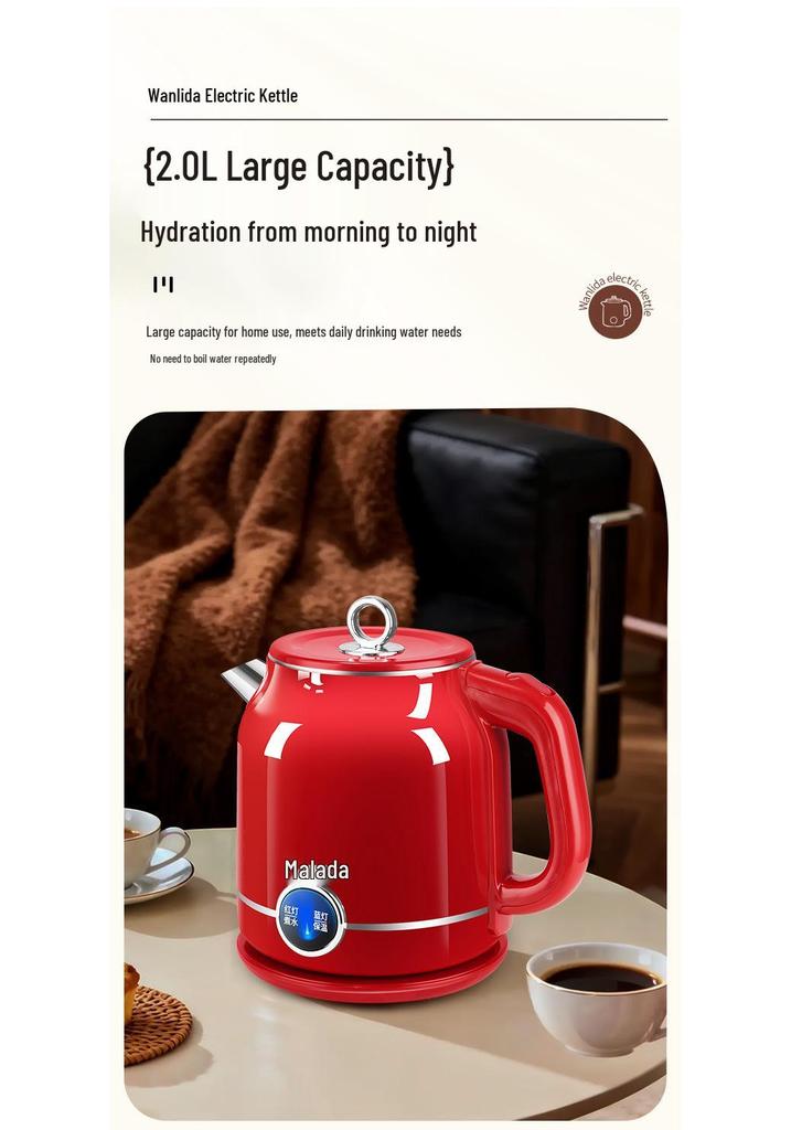 Wanlida Red Stainless Steel Smart Electric Kettle with Double-Layer Anti-Scald Insulation and Constant Temperature Control.
