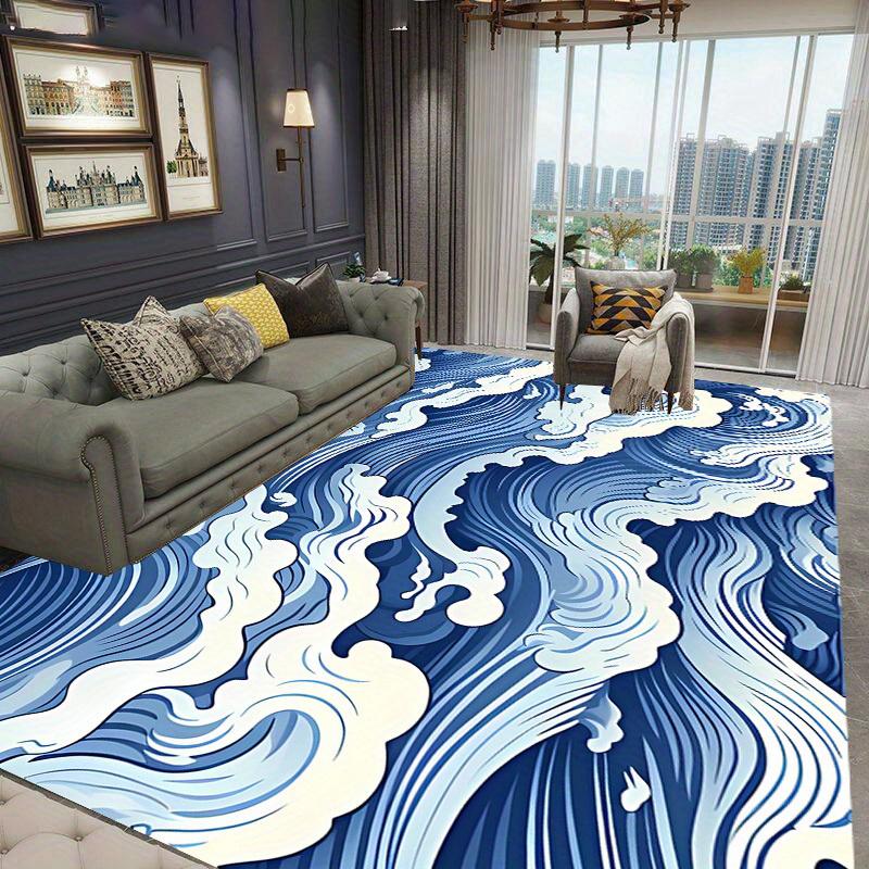 Nordic Wave Pattern Carpets Easy Care Blue Aesthetic Ideal for Living Room Bedroom Study Mall Cafe Rugs