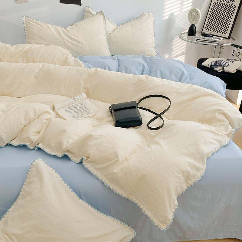 Solid Color Soft Duvet Cover Set Skin Friendly Washable Cotton Queen Bedding Set with Comforter Cover Bed Sheet and Pillowcases