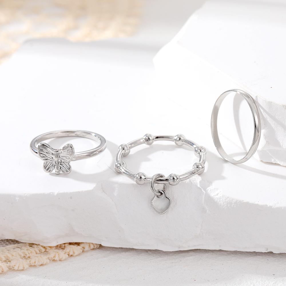 Fashion Couple Matching Group Ring Set Tassel Butterfly Ring Three-piece Love Ring Simple and Elegant Ring
