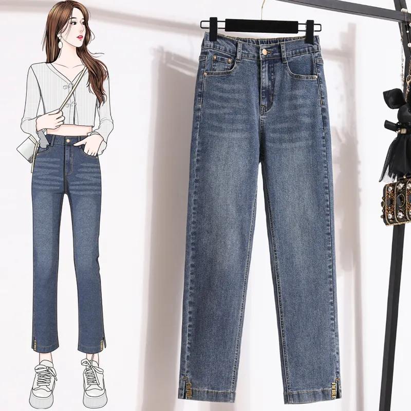 Plus Size Women Jeans Pants High Waist Loose Denim Female Elastic Waist Spring Basic Pockets Trousers