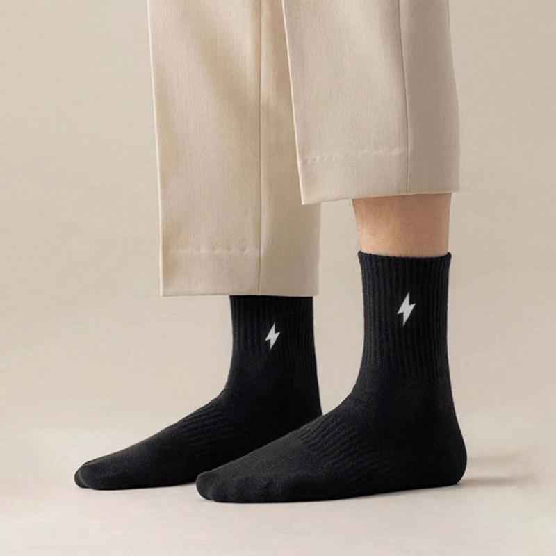 10 Pair Black and White Embroidered Lightning Men's and Women's Solid Color Medium Socks Thin Soft Sports Neutral Couple Sock
