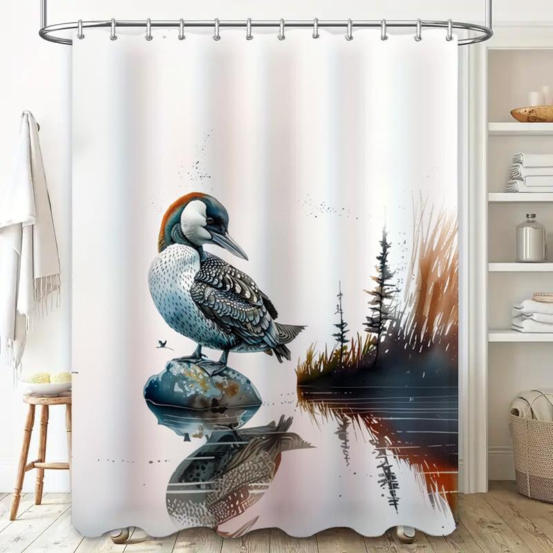 Moderner Duschvorhang mit Pfauen-Motiv, wasserdichte Badezimmerdekoration mit Natur-See-Szene-Druck für Heimdekoration, erhältlich in