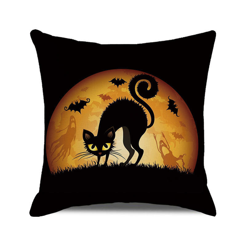 Halloween! Watercolor Pumpkin Black Cat Digital Printing Short Plush Pillow Covers for Car Sofa Office Cushion Cover Home Goods