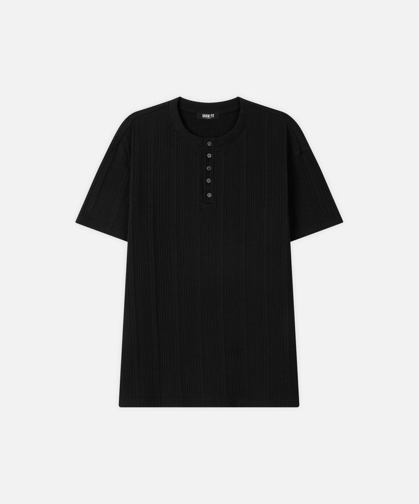 DRAW FIT Fine Ribbed Henley Neck Half T-Shirt [Black]