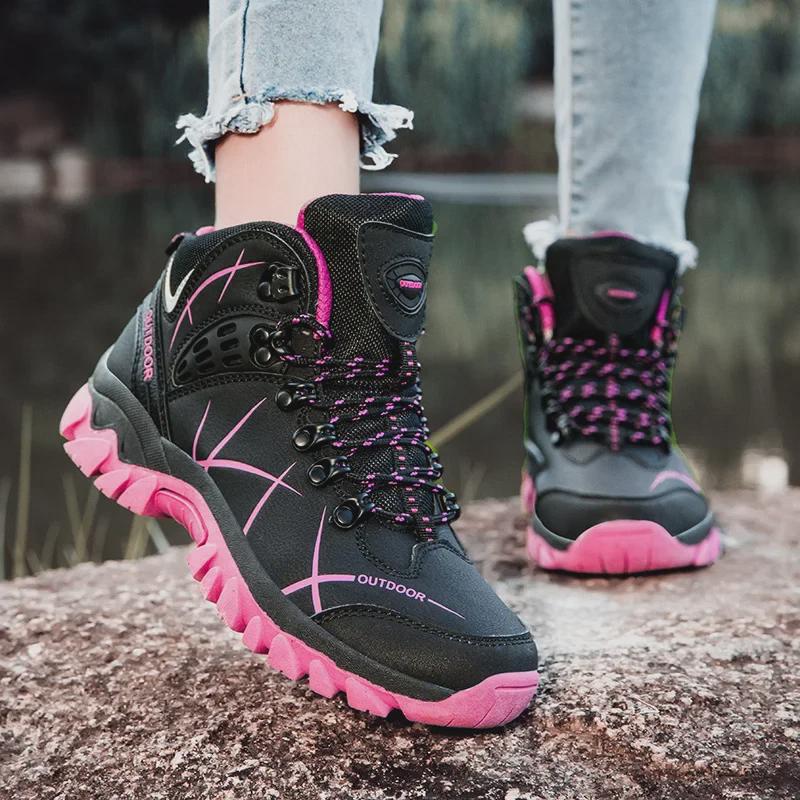 Cross-Border Outdoor High-Top Hiking Shoes - Trendy Lace-Up, Breathable, Couples' Velvet-Style Warm Cotton Shoes for Autumn/Winter.