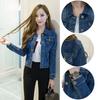 Women Short Jeans Jacket Slim Turn Down Collar Long Sleeve Button Denim Outwear