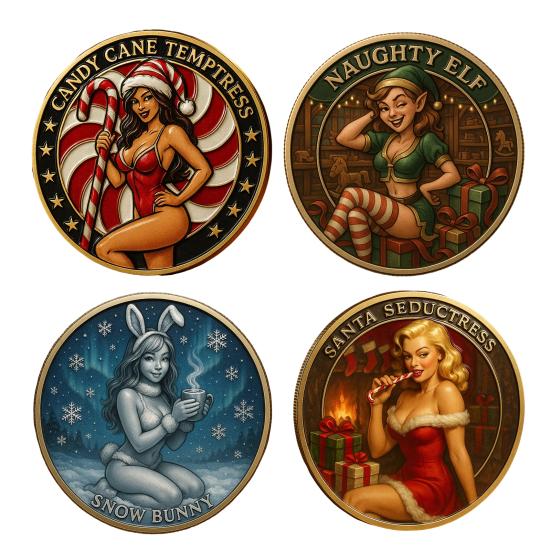Christmas Temptation Coin Pin-Up Inspired Adults Holiday Token Metal Collectible Coin Decoration Round Keepsake Badge Stocking Stuffer Gag Gift