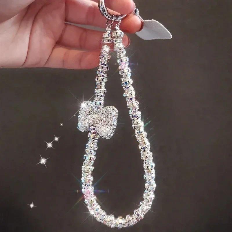 Kort met Diamanten Bezette Strik Mobiele Telefoon Lanyard Polsbandje Glanzende Lanyard IPhone 16 Hoes Sleutel Universeel Touw Tas Body Kit Sieraden