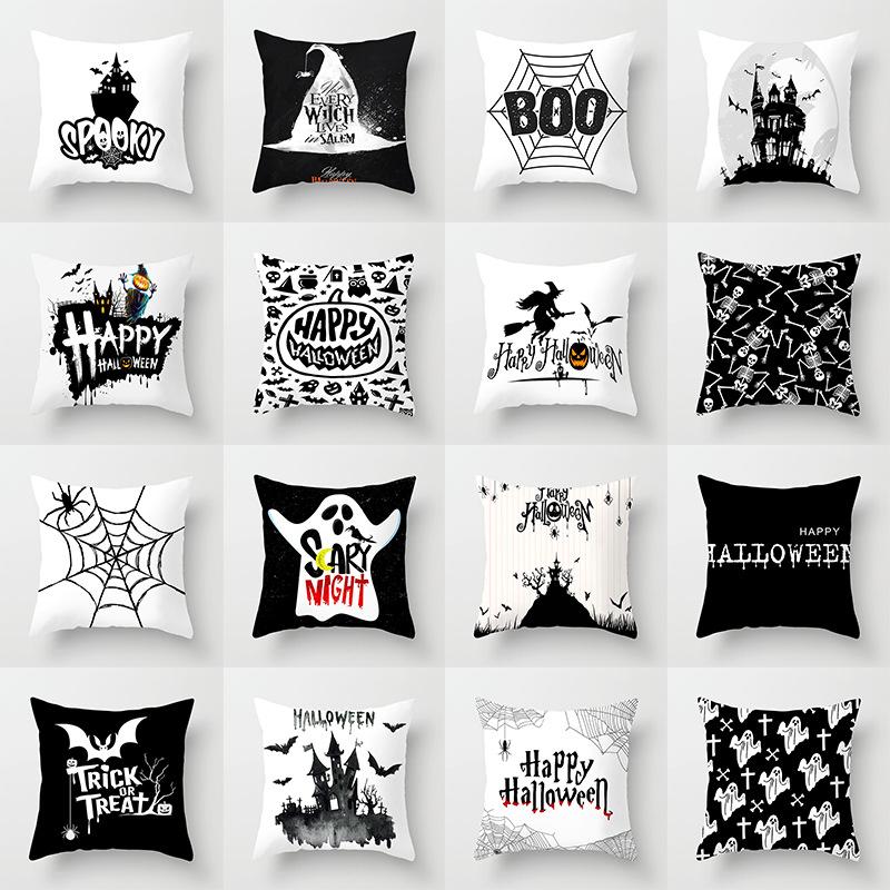 New Halloween Black And White Skull Pumpkin Printed Peach Leather Velvet Pillow Cover Sofa Office Cushion Cover